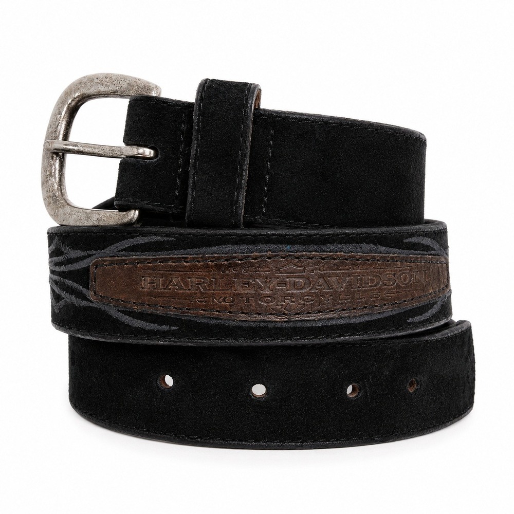 Harley‎ Davidson Sz M Belt Suede Leather Biker Logo Solid Brass 97512-00VW Black